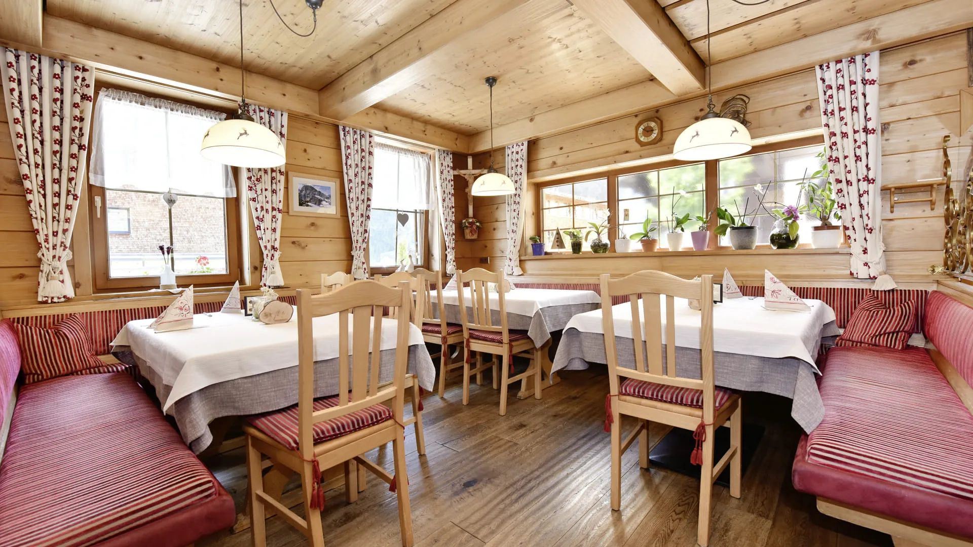 gemütlicher Holzspeisesaal mit Tischen und Stühlen, Pflanzen am Fenster