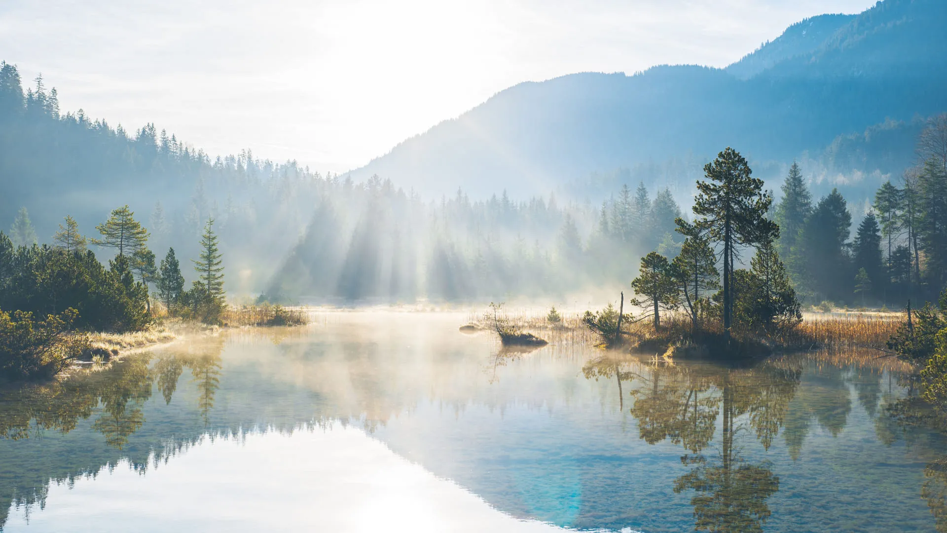 Riedenersee in Reutte, ruhige Wasseroberfläche, umgeben von Bäumen und Bergen