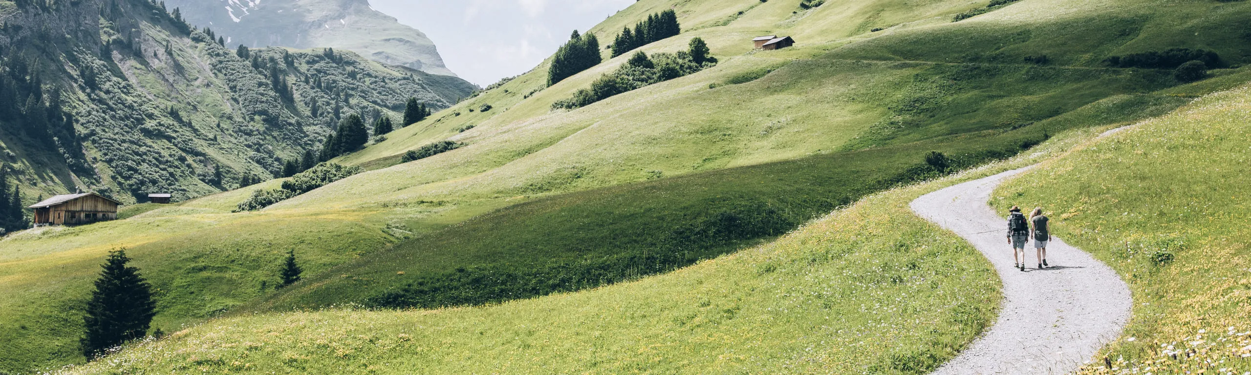 Wanderer auf einem Weg in Lech Zürs mit grünen Wiesen und Bergen im Hintergrund